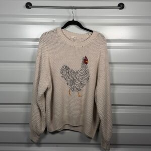 Molly Yeh Womens XL Cream Chunky Knit Chicken Graphic Pullover Sweater Cotton